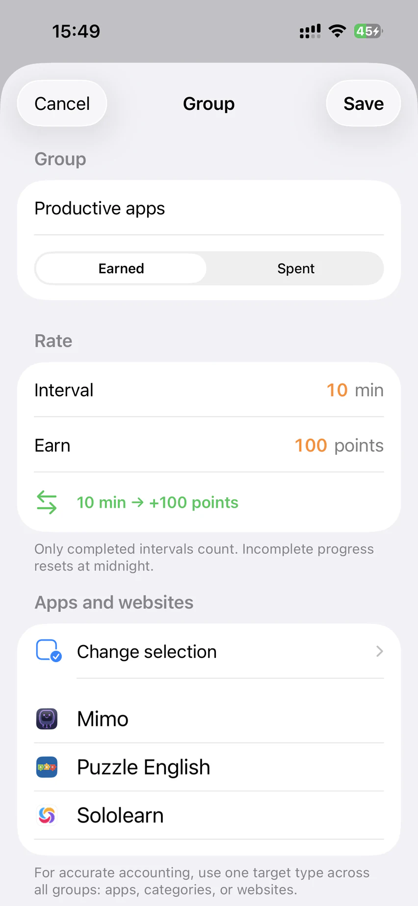 FocusReserve earning group with selected learning apps and a custom point rate