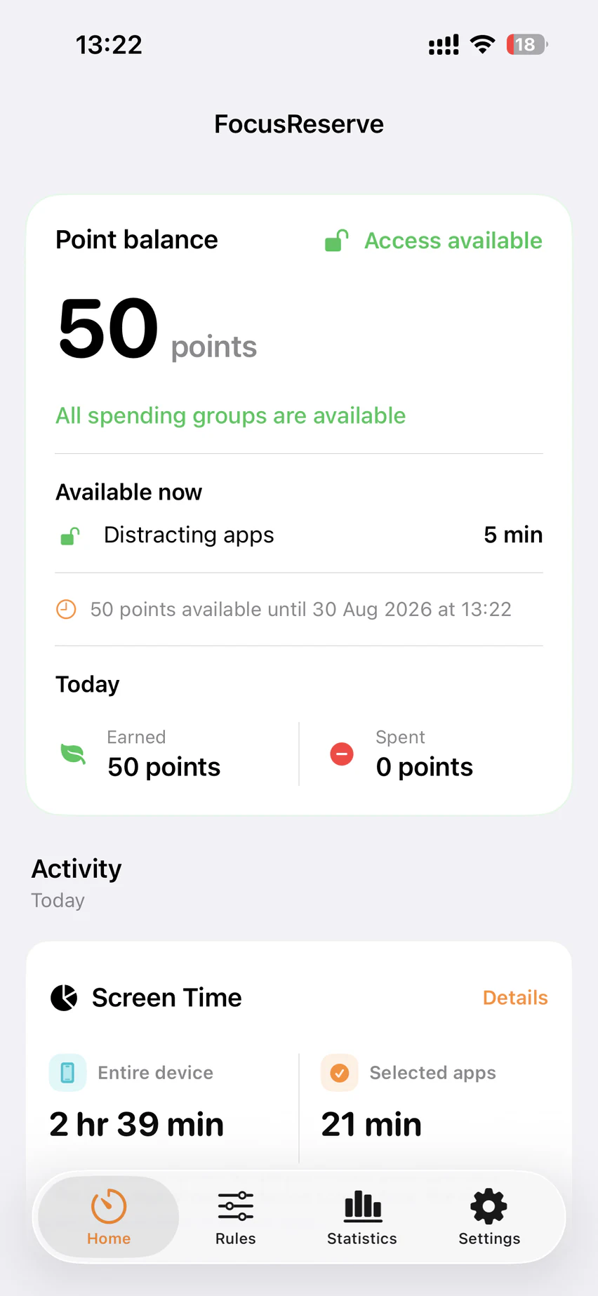 FocusReserve home screen showing a 50-point reserve and five minutes of distracting-app access