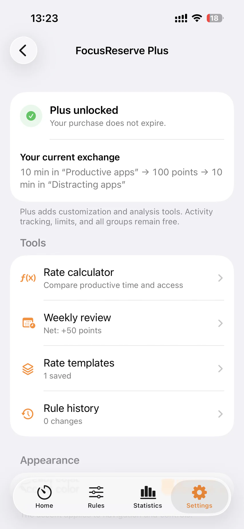 FocusReserve Plus screen showing a lifetime unlock, current exchange, calculator, weekly review, templates, and rule history