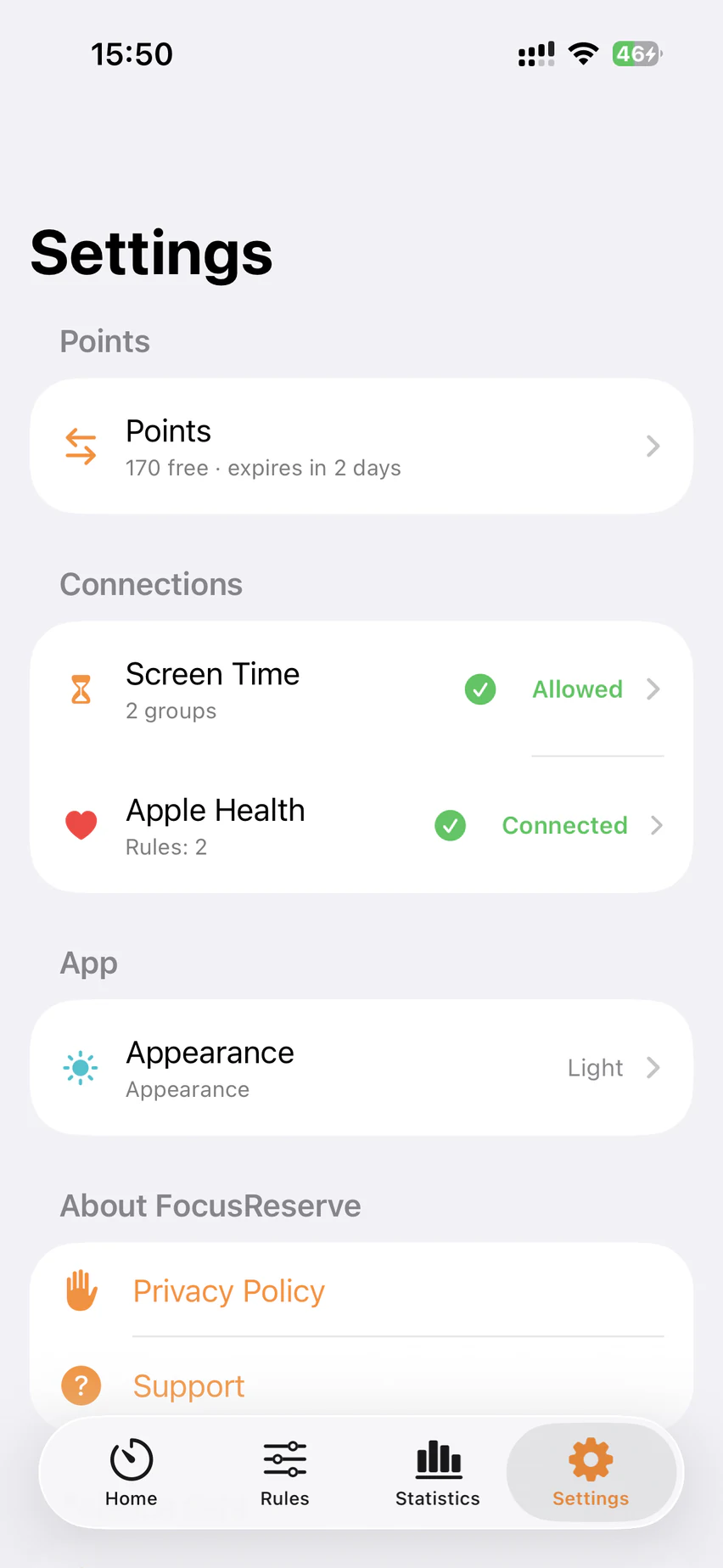 FocusReserve settings showing Screen Time and Apple Health connections