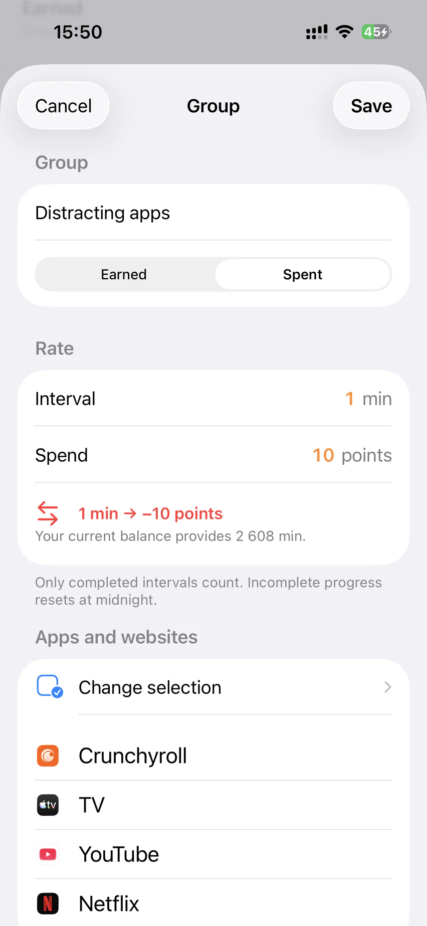 FocusReserve spending group with selected entertainment apps and a custom point cost